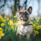 Fransk bulldogg sitter på en blomsteräng.