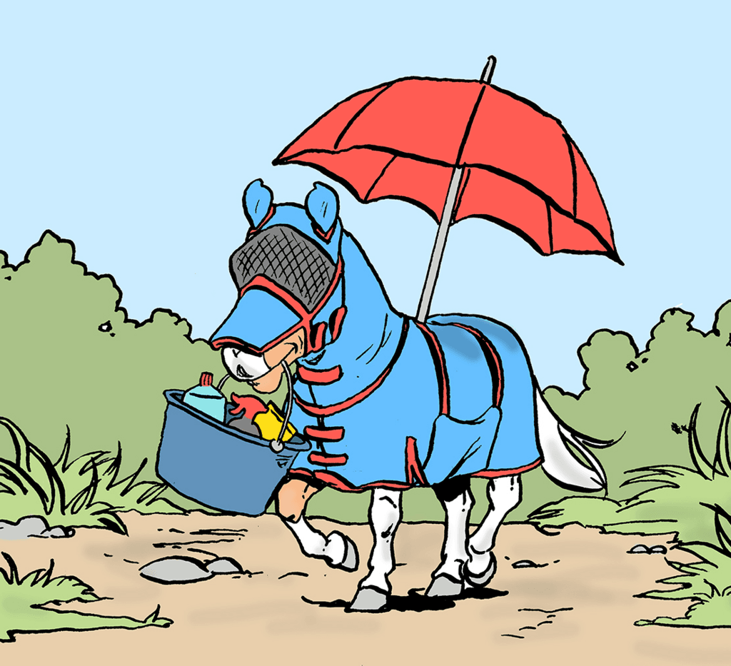 Ponnyklubbens tecknade maskot Anton under ett parasoll.