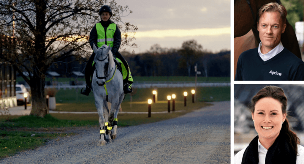 Ett hästekipage med reflexer i trafiken, bredvid porträttbilder på Agrias och HNS:s respektive vd.