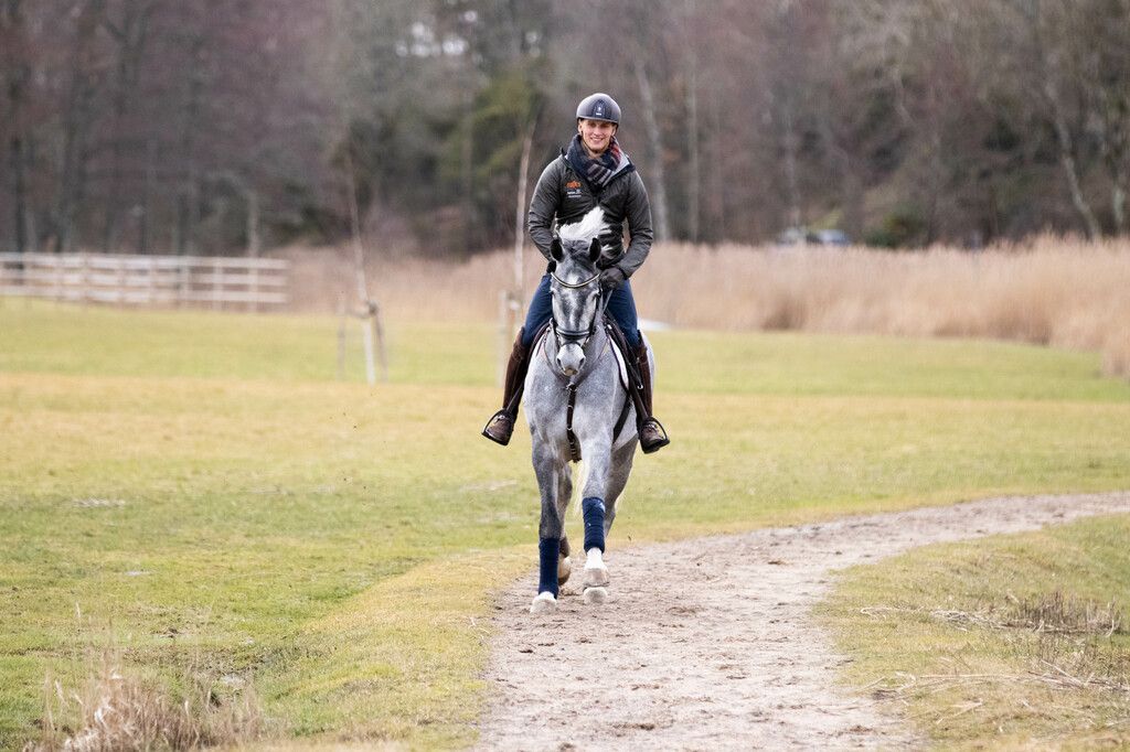 Carl Hedin galopperar på en stig i sadeln på en skimmel.