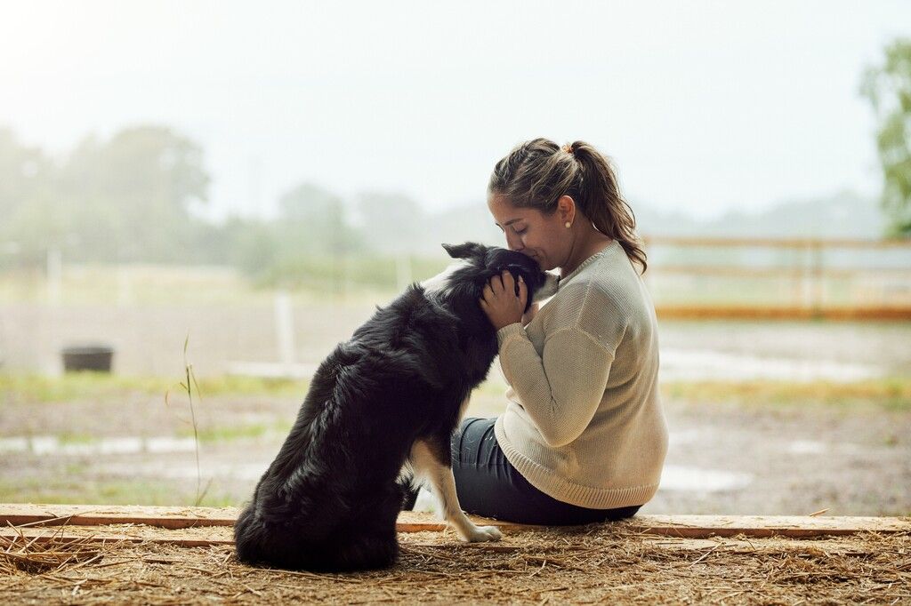 Matte och hund som gosar.