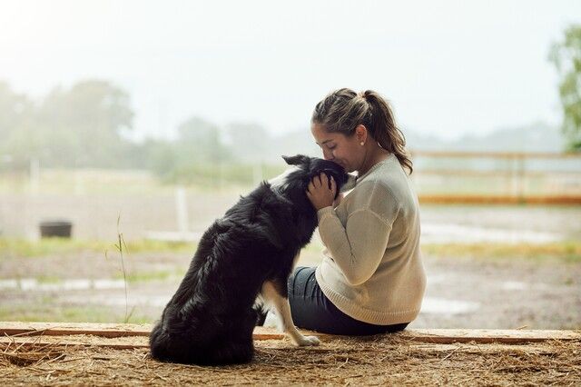 Matte och hund som gosar.
