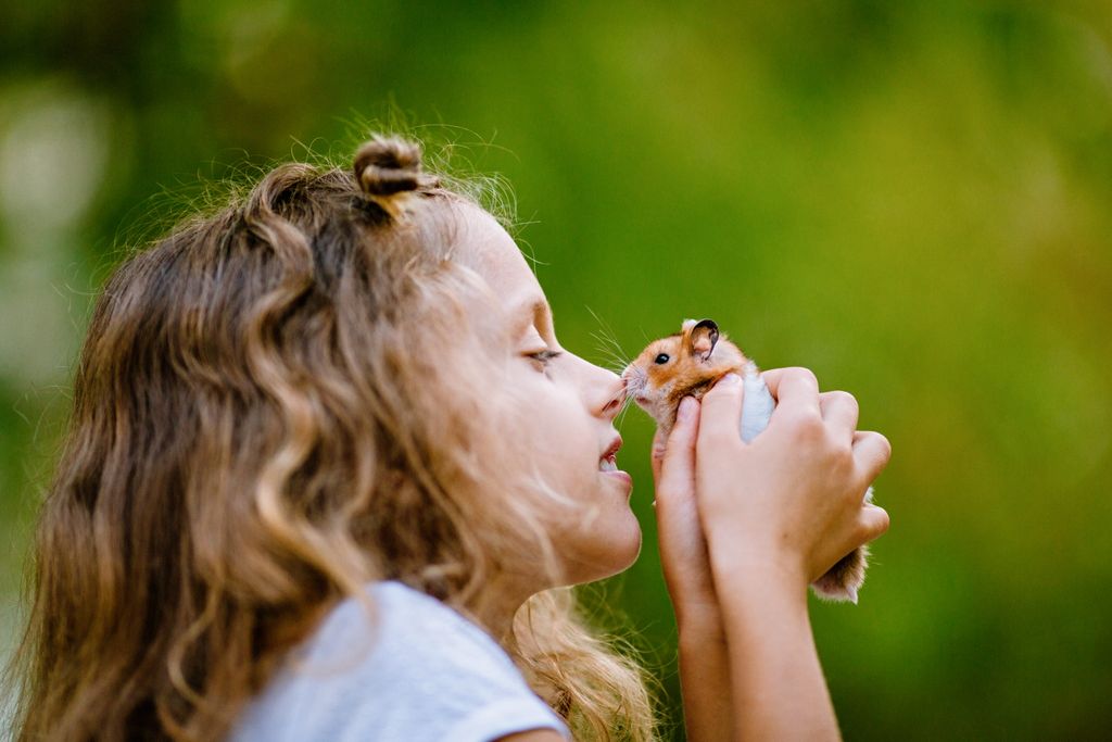 En flicka håller en hamster mot sitt ansikte
