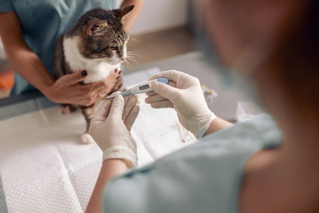 Veterinär tar tempen på en katt för att se om den har feber.