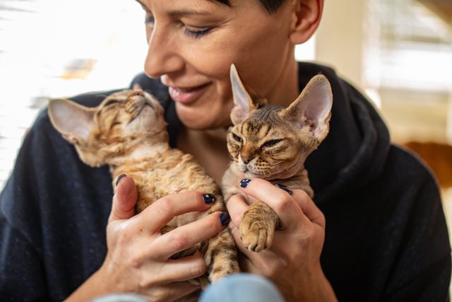 Kvinna håller två katter i famnen