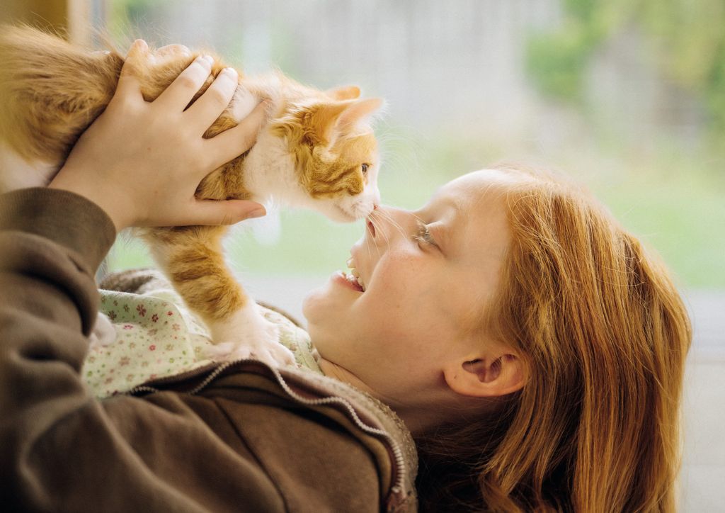 Flicka och kattunge myser nos mot näsa.