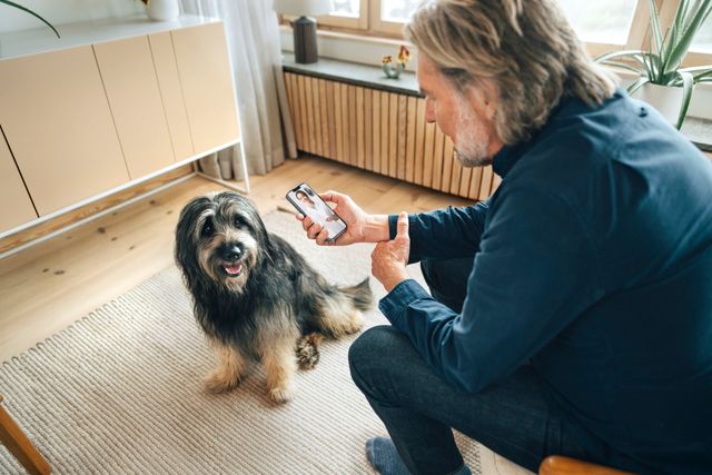 Husse pratar med Agrias sjukvårdsrådgivning tillsammans med sin hund.