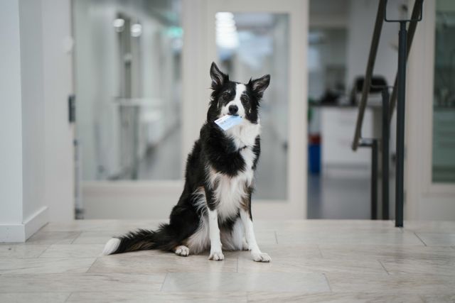 Border collie sitter och håller Agriakortet i munnen