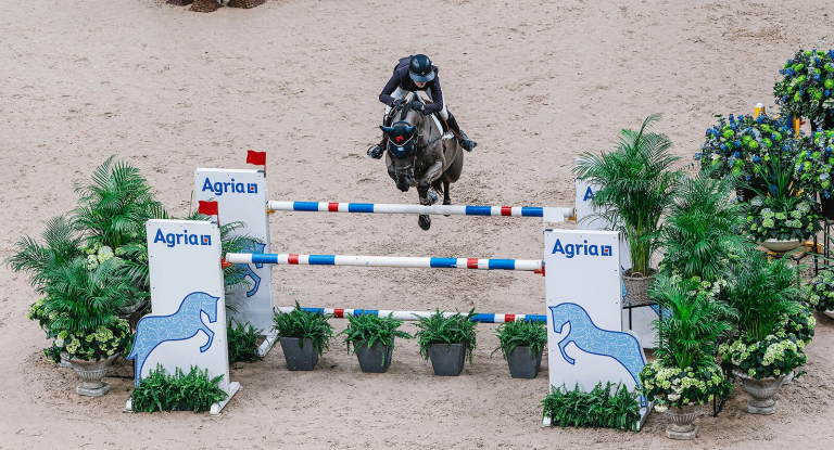 Häst och ryttare hoppar över ett Agriahinder under Gothenburg Horse Show 2024.